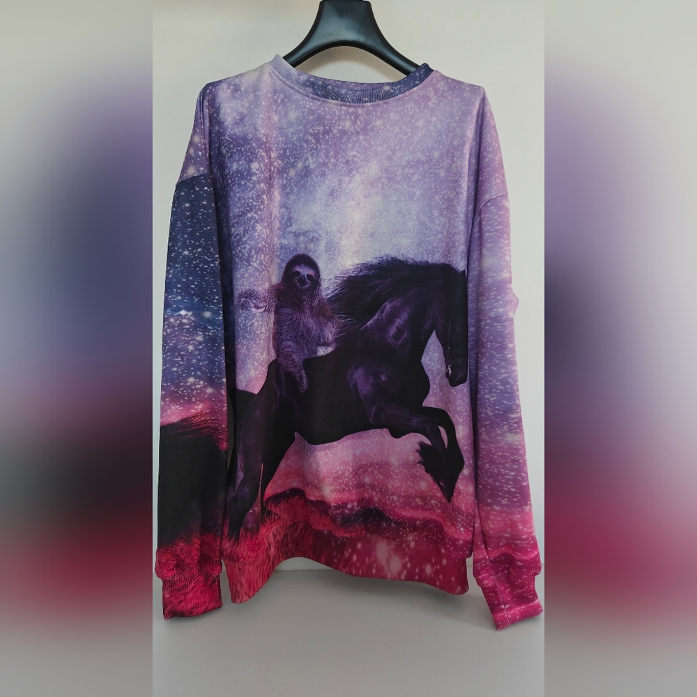 Galaxy Print Sweatshirt with Horse and Sloth size XL men's